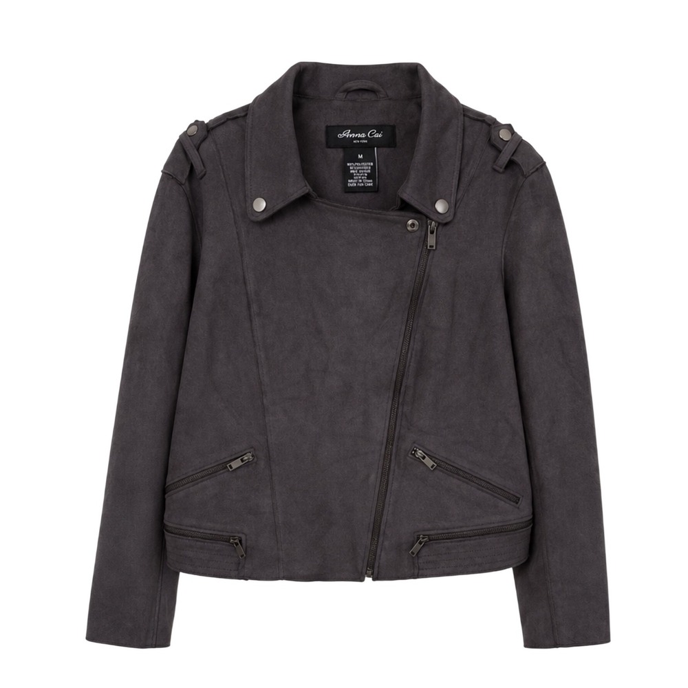 Anna Cai New York Womens Faux Suede Moto‎ Jacket Charcoal Gray CD444 Size M